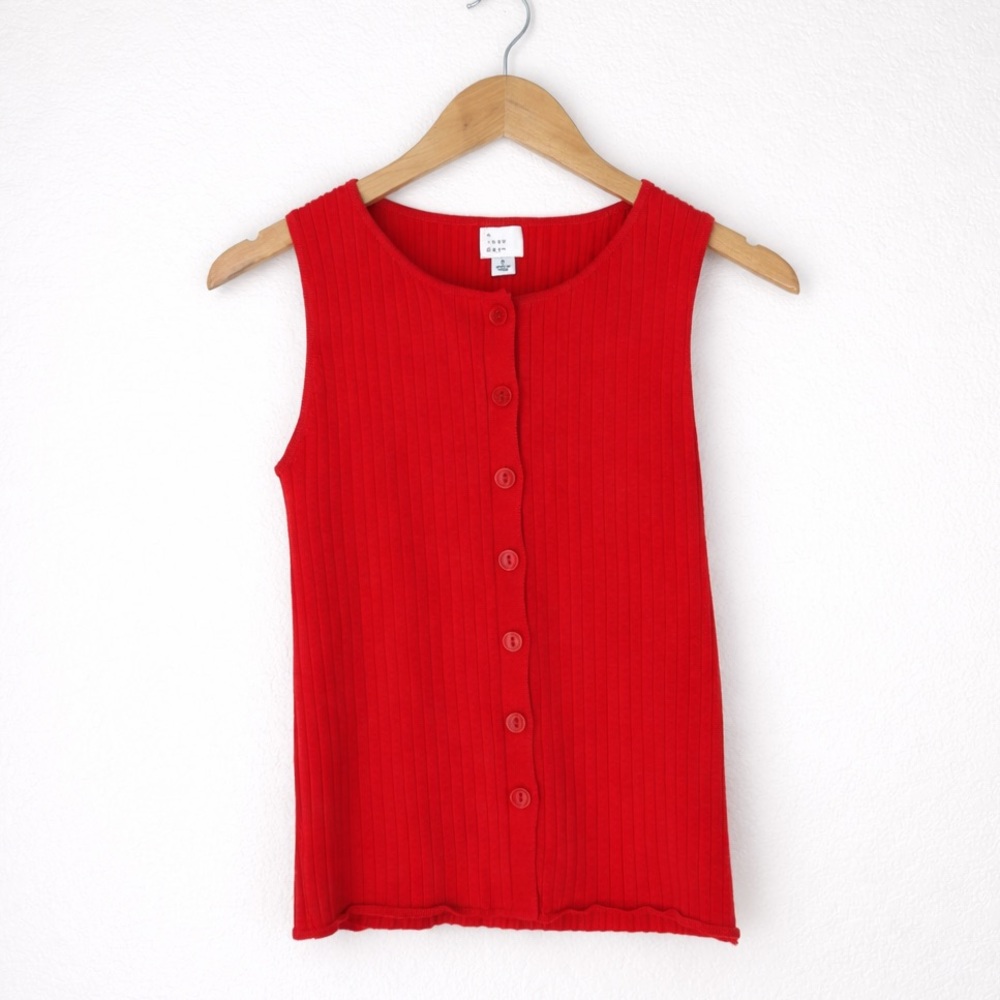 A New Day Red Ribbed Button Front Tank Top Size Small